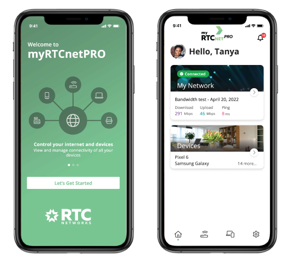 Phone screenshot of myRTCnetPro "Get Started" and "Home" screens.