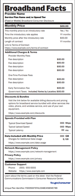 Sample of the broadband facts label.